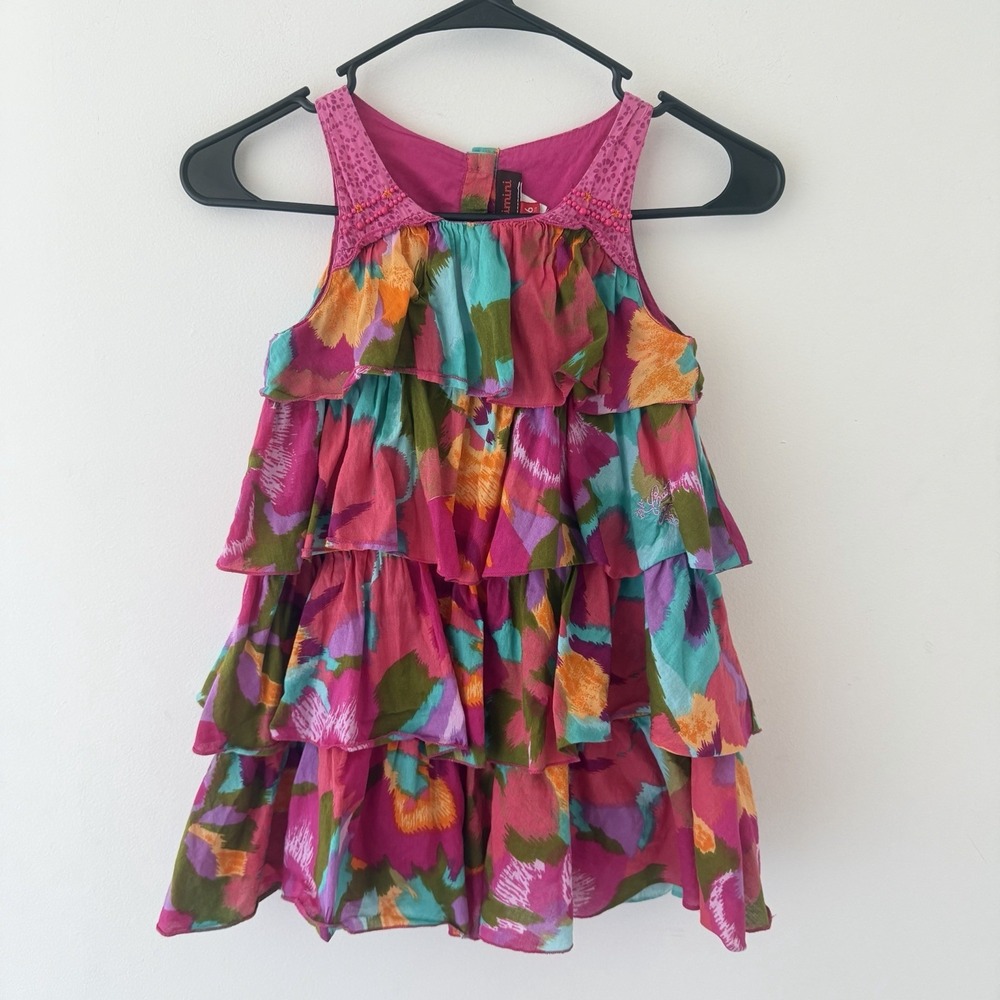 Catimini Sleeveless Dress Girls 6 Colorful Ruffle Cotton Beaded Made in France